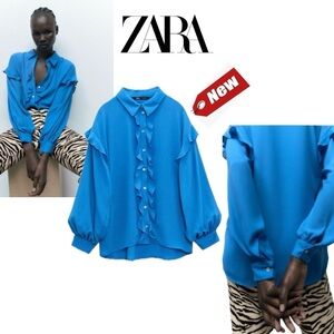 Zara blue ruffle frill long sleeve button front blouse top Sz S NWT